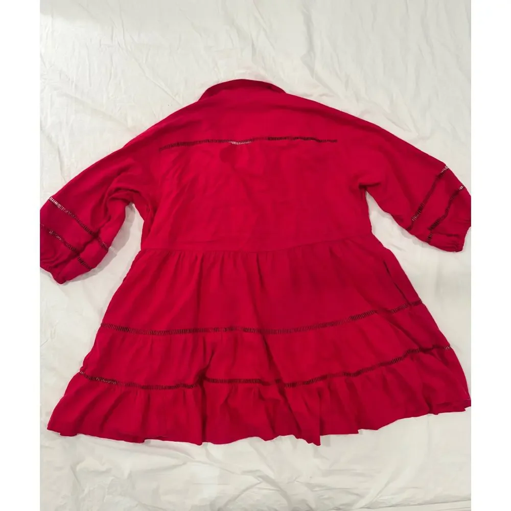 Anthropologie Maeve Bettina Tiered Mini Shirt Dress Linen Women's 1X Hot Pink - Picture 4 of 16